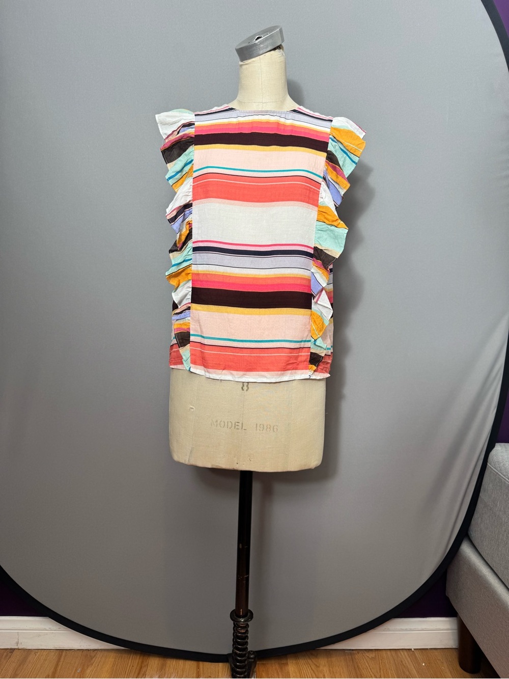 THML Ruffle Sleeve Button Back Striped Blouse S Coastal Preppy Office Top